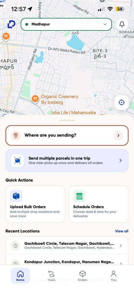 DeleMate home screen to add where you are sending parcels