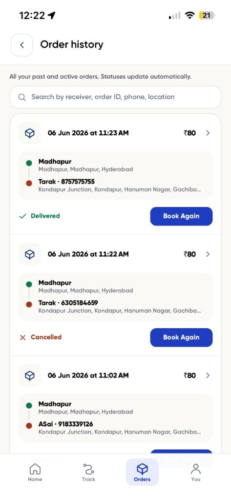 DeleMate order history showing delivered parcels with live status