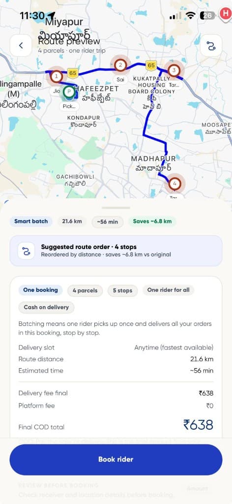 DeleMate route preview batching four parcels into one optimized rider trip